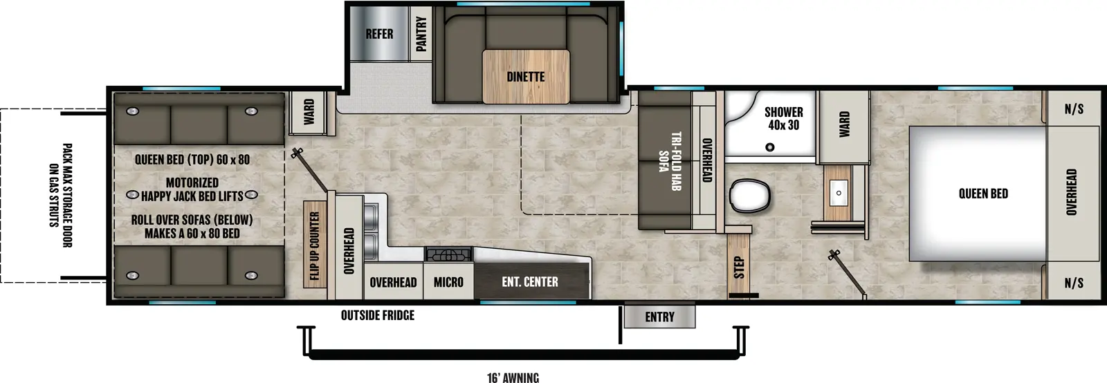 The Phoenix 31BH floorplan is a toy hauler that has one entry and one slide out. Exterior features include: fiberglass exterior and 16' awning. Interiors features include: u-dinette and front bedroom.